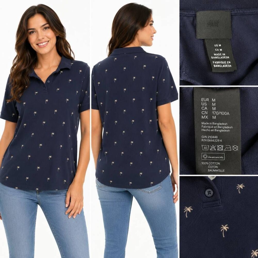 H&M Navy Polo Palm Tree Print Shirt M